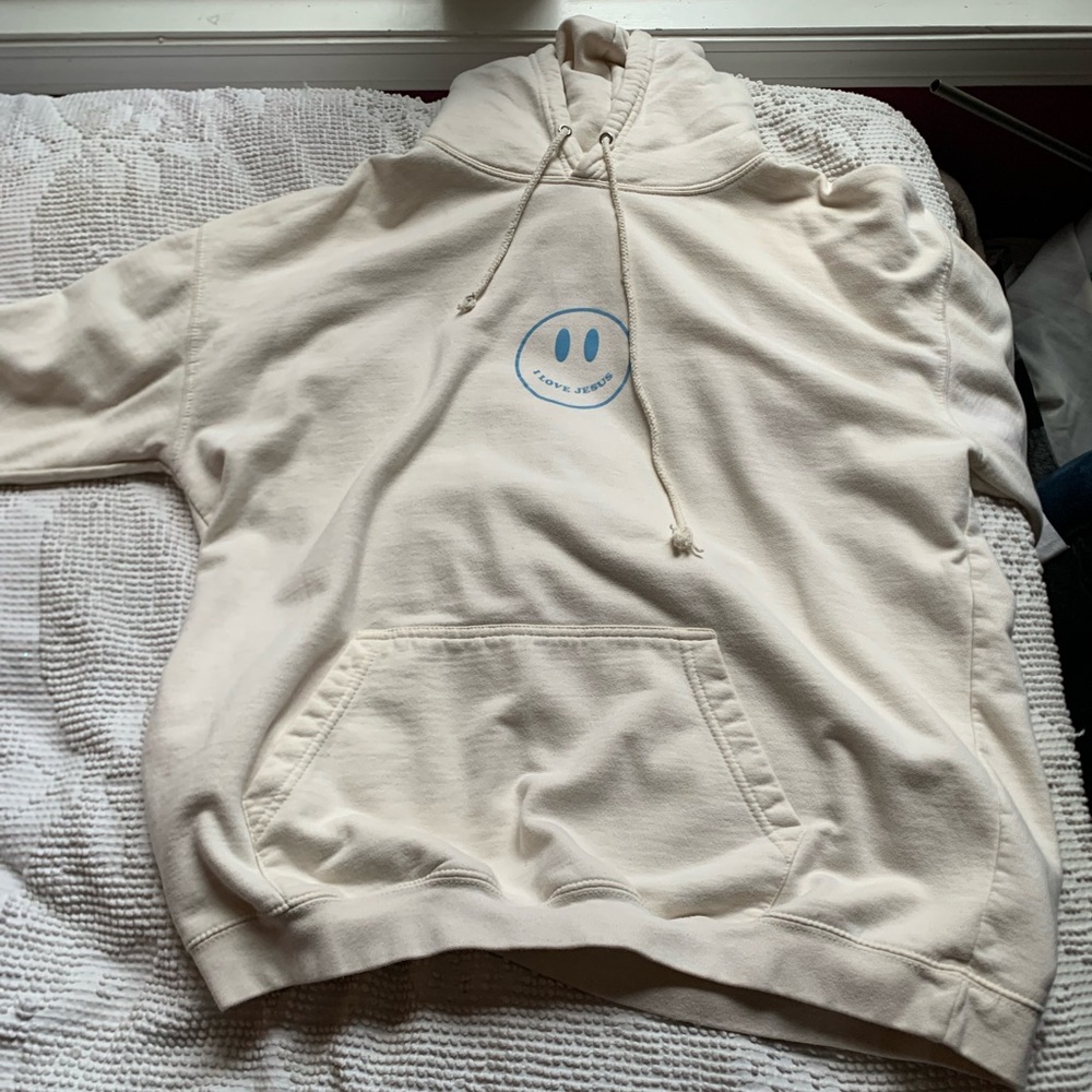 Cream Hoodie with Blue Graphic
